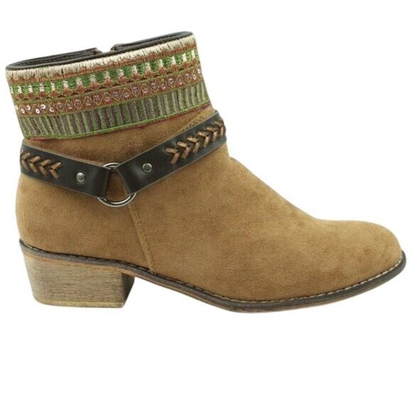 Tiara Camel Suede Embroidery Harness Biker Western Cowgirl Festival Booties NEW - Picture 1 of 3